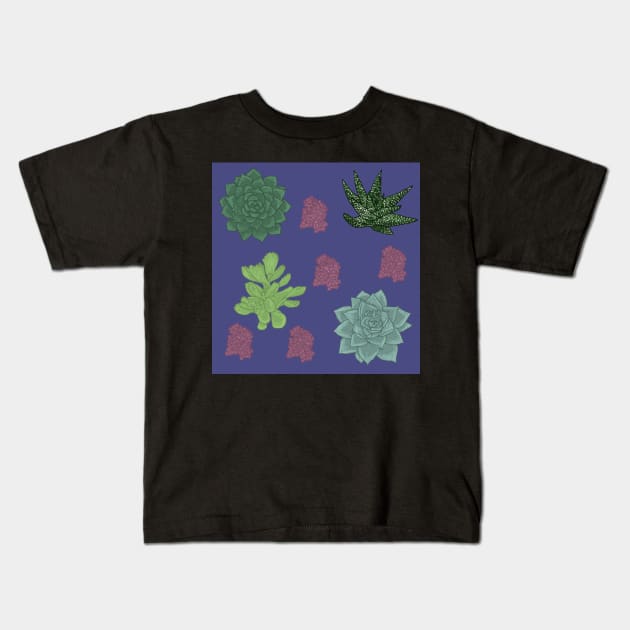 Succulents Pattern Indigo Kids T-Shirt by TrapperWeasel